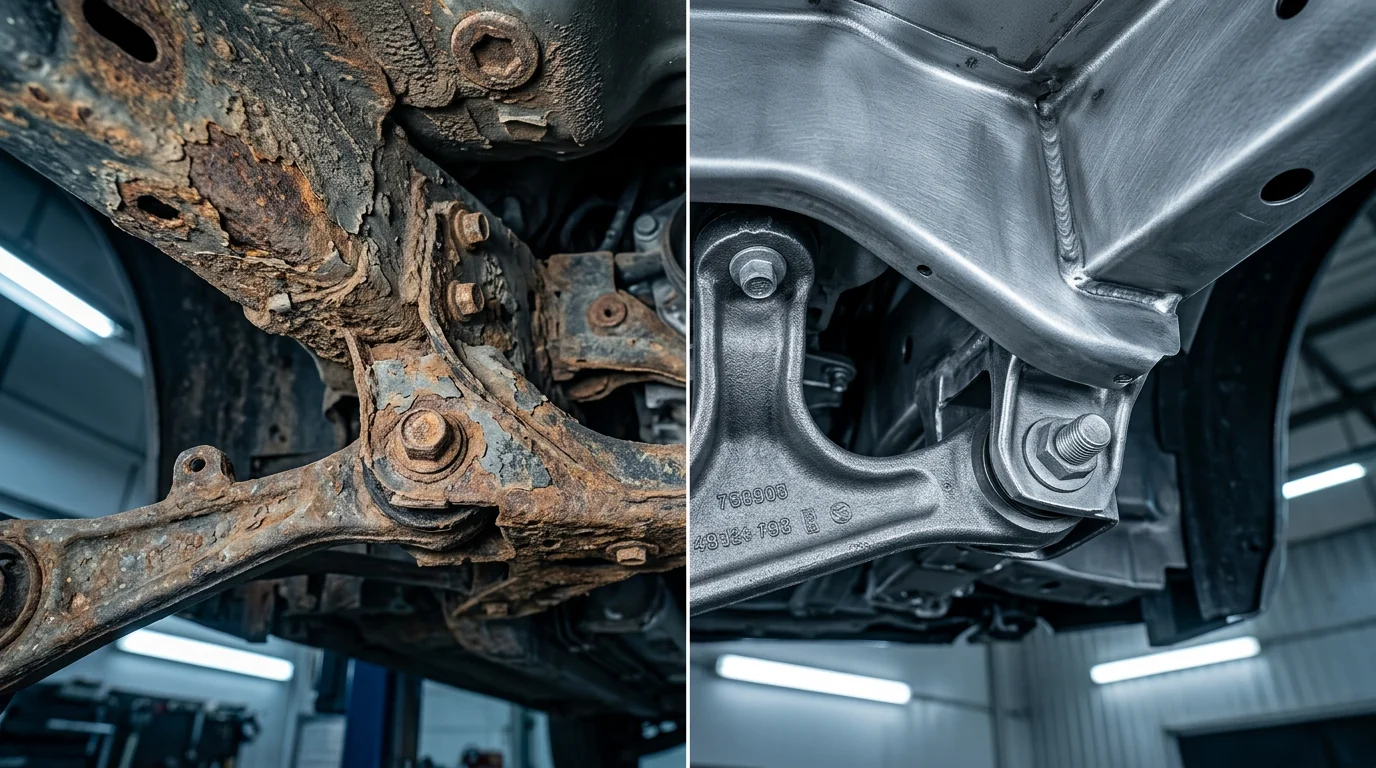 Before and after automotive paint stripped from a body panel