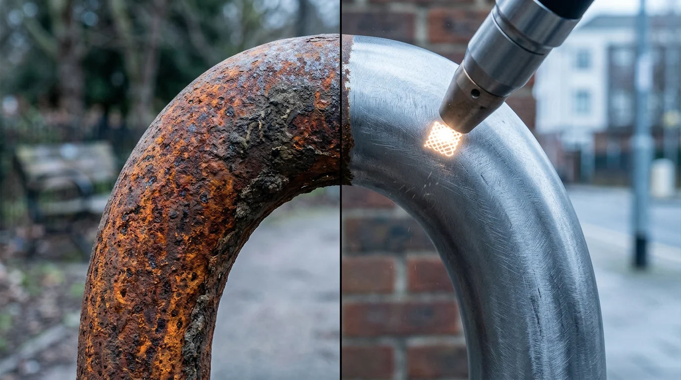 Before and after laser cleaning of public railings