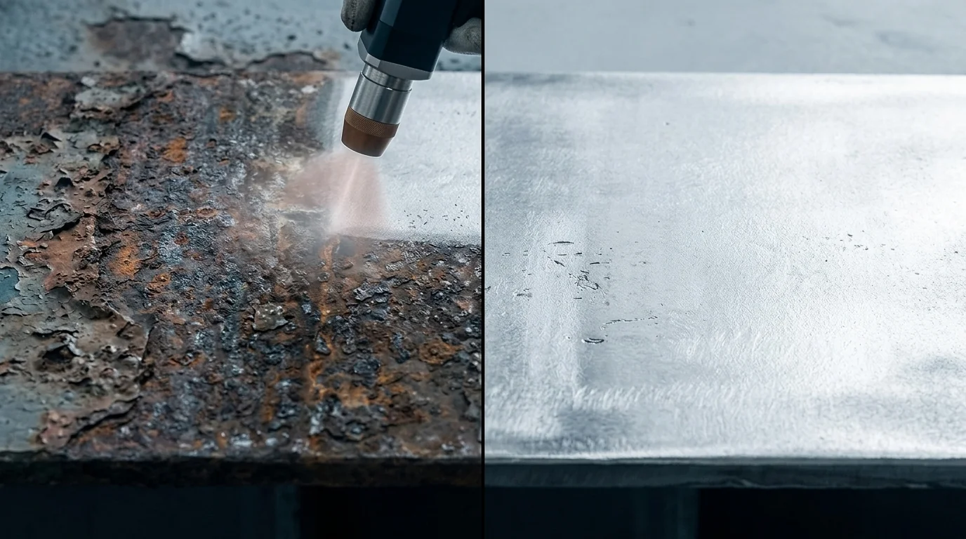 Before and after laser rust removal on marine hull steel