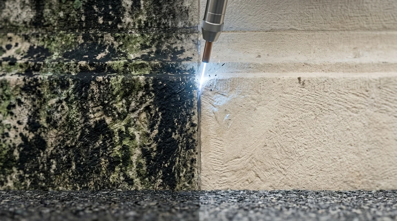 Laser cleaning a masonry and stone surface for a facade restoration job